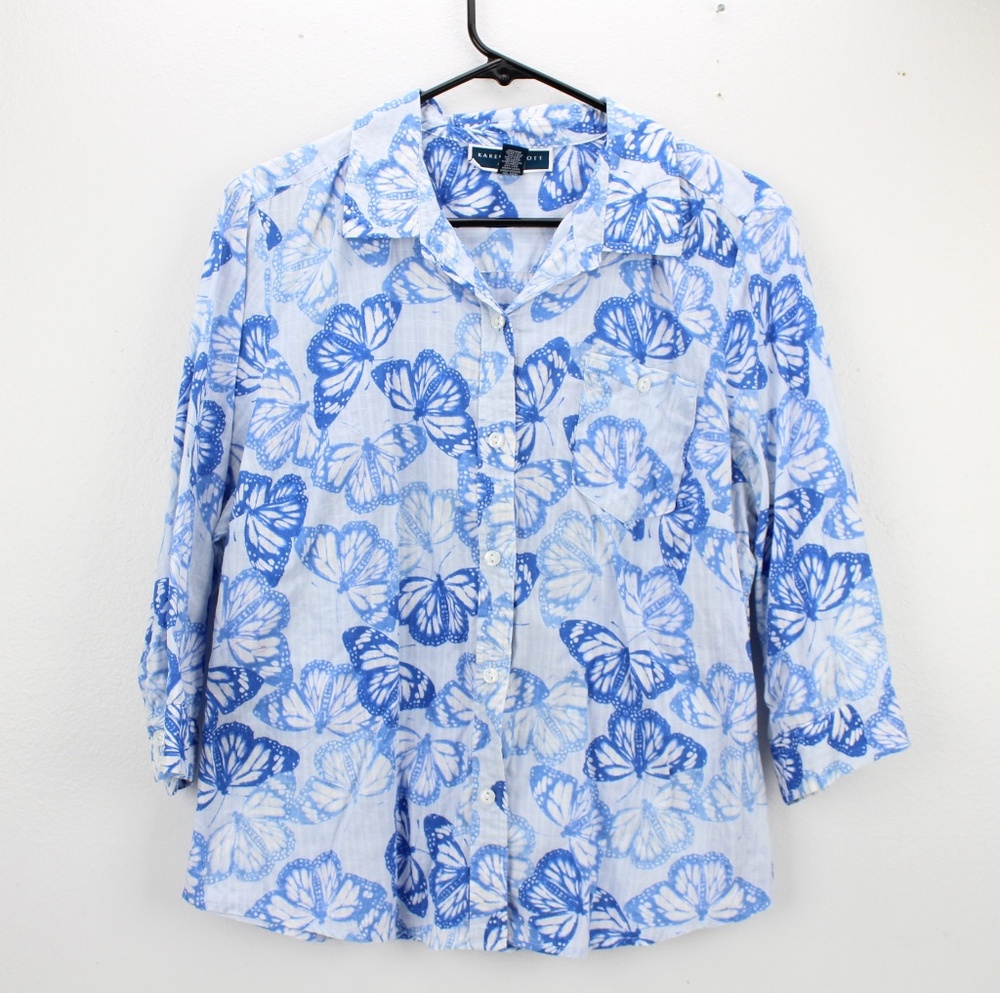 Karen Scott Petites Blue Buttlefly Top XL